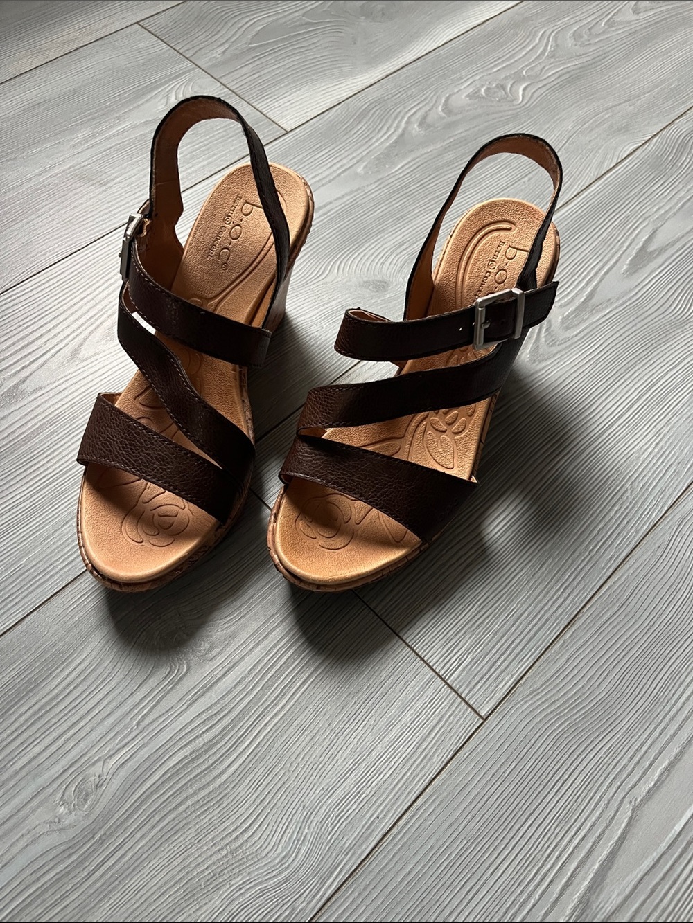 b.o.c. Dark Brown Leather Strappy Wedge Sandals